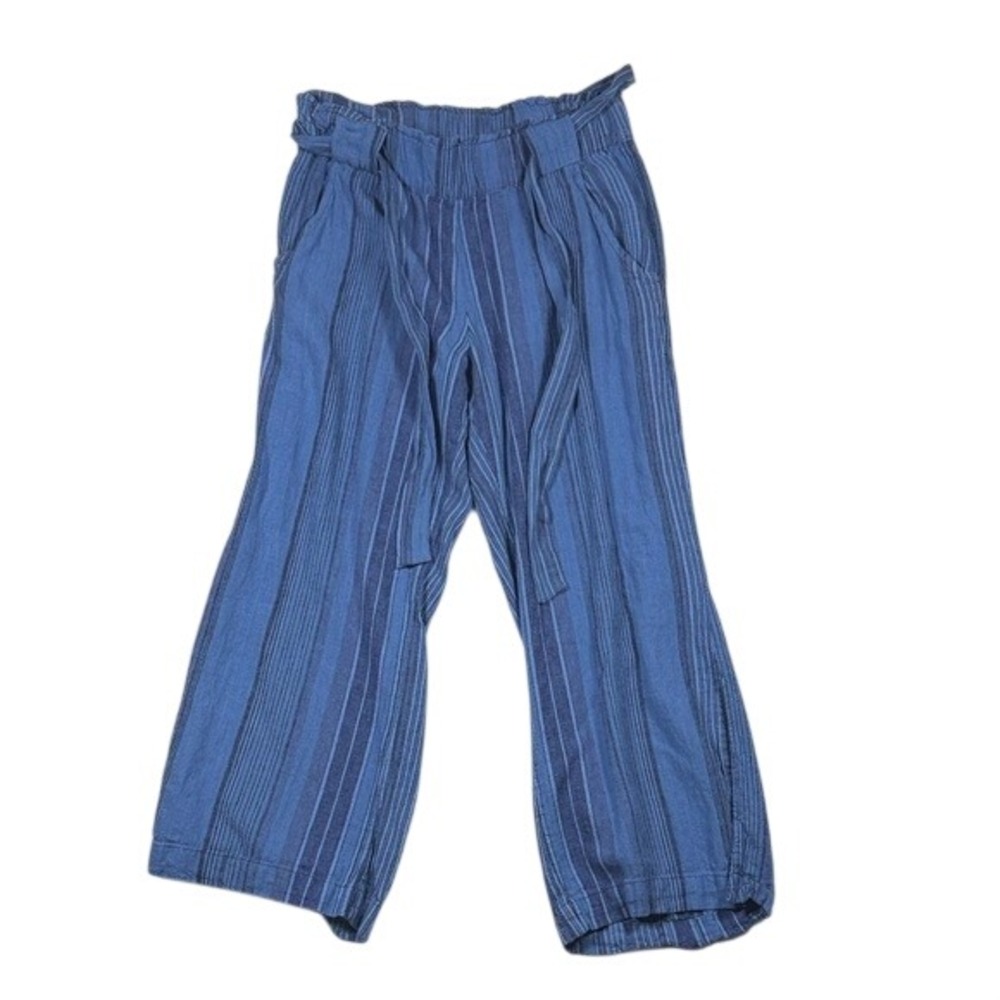Indigo Rein Blue Striped Linen Blend Paperbag Waist Wide Leg Pants Womens Medium